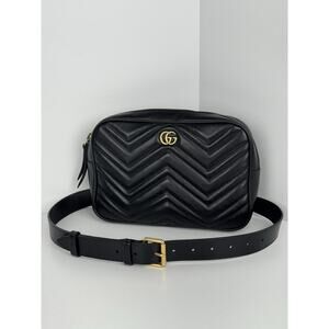 GUCCI Calfskin Matelasse Mens GG Marmont Belt Bag 80 32 Black C-2